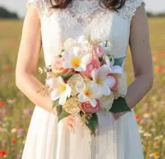 プルメリアのラウンドブーケ♪ブートニア付き♪アーティフィシャルフラワー