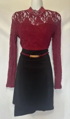 DazzyStore バーガンディ レーストップワンピース