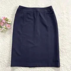 美品★ 【レリアン】 膝丈 タイトスカート （11号） サイドライン ネイビー