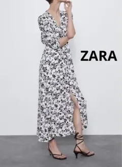 ZARAザラ Vネック ボタニカル パフスリ フレア ロングマキシ ワンピース