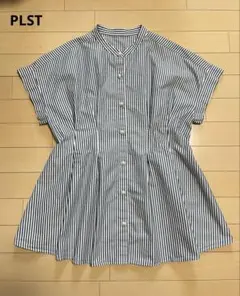 美品／PLST プラステ　パールボタンストライプ ペプラムブラウス　ブラック