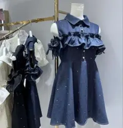 非売品 evelyn ビジューオフィショルOPデニムワンピース