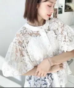 フラワー刺繍レース クルーネックカーデブラウス