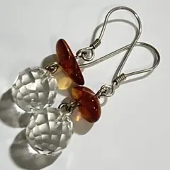 Silver925 水晶と琥珀のフックピアス