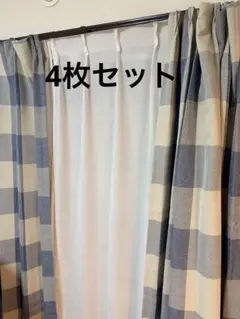 【美品】カーテン＆レース 4枚セット（100×178cm）チェック　ブルー