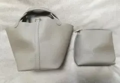 グレー レザー ハンドバッグ ポーチ付き