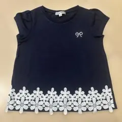 美品★エニィファム 半袖Tシャツ 120 裾レース 花柄 紺 女の子 通学 夏服