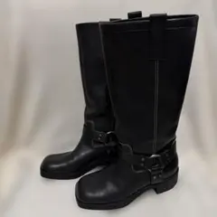 ZARA ブラックレザー ロングブーツ バックル付き　スクエアトゥ