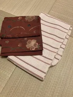 名古屋帯 花柄刺繍 赤色