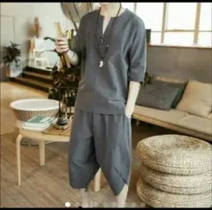 【グレー】リネン　セットアップ　ハーフパンツ　モード系　ゆるめ