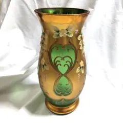ボヘミアグラス/金彩/花柄/フラワーベース/チェコスロバキア製/美品