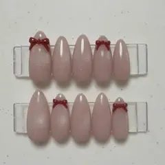 【現品】ネイルチップ 韓国風 マグネット シンプル リボンガーリー ピンクレッド