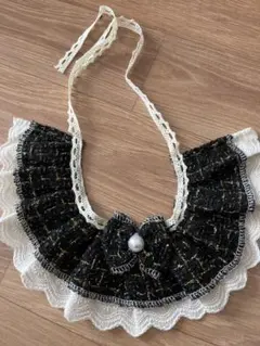 【高級感】犬猫用 ツイード 付け襟 ビブ パール＆リボン チョーカー（黒×金）