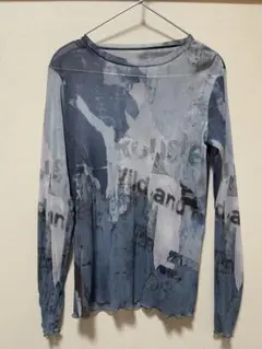 アート風プリント 長袖シャツ 青系