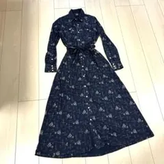 ミナペルホネン leima ロングワンピース ウール 38 Aライン ブルー 