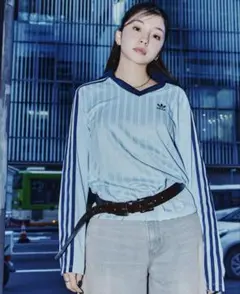 adidas フットボール ジャガード Vネック 長袖ポロシャツ M