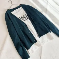 Spic&Span Vネックニットカーディガン トップス ショート丈 グリーン