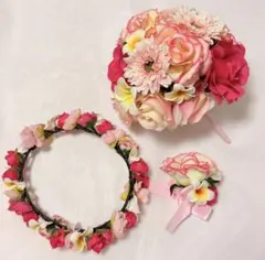ブライダル ブーケ 花冠 ブートニア3点 ／ 前撮り 結婚式 フォトウェディング