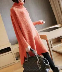 限定ミンクカシミヤウール★凹凸編みタートルネックAラインニットワンピ?オレンジ