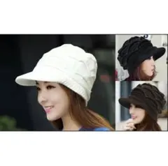 新品 ニットキャスケット つば付きニット帽 ホワイト レディース