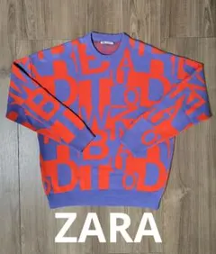 【美品】ZARA メンズ英字総柄ニット クルーネックセーター
