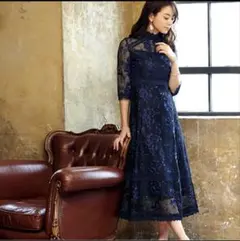 ルイルエブティック 花柄刺繍 ロングワンピース 七分袖 ネイビーM