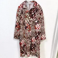 アニマル 総柄 ロングシャツワンピース レギュラーカラー 長袖 膝丈 L 