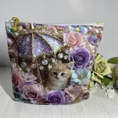 パネル　隠しマチポーチ　猫キラキラ　薔薇⑥