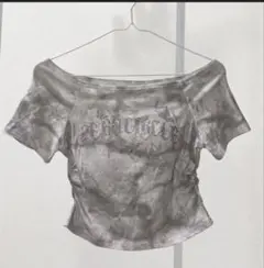 オフショルダー タイダイ柄 ラインストーンクロップ丈 Tシャツ