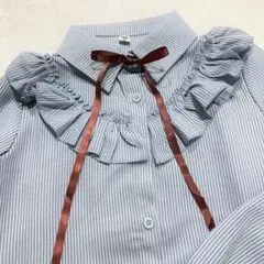新品✨　ブラウス　シャツ　ストライプ　ブルー　リボン　フリル　長袖