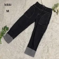 キッキ　切替デニムパンツ　ジーンズ　ハイウエスト　綿混　カジュアル　ブラック　M
