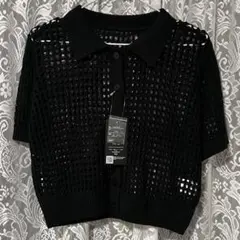 ニット ポロシャツ 半袖 サマーニット トップス ブラック　Lサイズ　アベイル