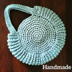 ハンドメイド　ハンドバッグ　丸型　シルバー　かぎ針編み
