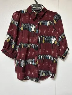 柄デザイン シャツ ワインレッド レトロ風