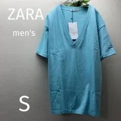 【未使用タグ付】ZARA Tシャツ　Vネック　ターコイズブルー　S ユニ