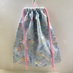 【訳あり】お着替え袋　ユニコーン　水色　女の子　ループ付き　体操服袋　巾着袋