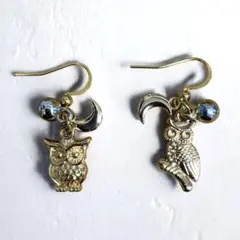 【ハンドメイド 一点物】福を呼ぶフクロウデザイン ゴールドピアス