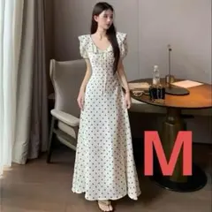 ホワイトドット柄　ロングワンピース　レース ワンピース 水玉模様フリルショルダー