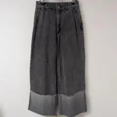 デニム ワイドパンツ S グレー ハイウエスト 美脚