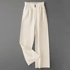 新品 アイボリー ワイドレッグパンツ カジュアル ロング丈 無地 春夏 ポケット