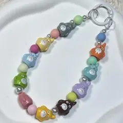 【人気】カラフルビーズストラップ　キーホルダー　スマホ　アクリルトトロ　レインボ