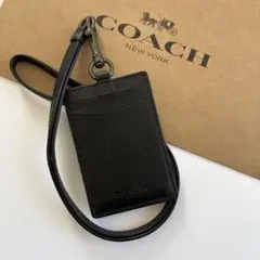 新品 コーチ ランヤード IDケース パスケース ブラック レザー COACH