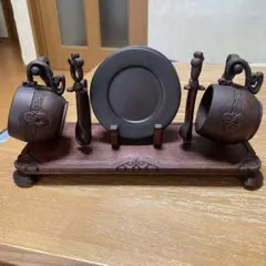 アイヌ彫　木製カップセット（カップ2個・ソーサー1個）