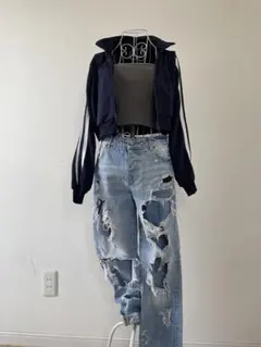 SHEIN クロップド丈 トラックジャケット ネイビーのサムネイル