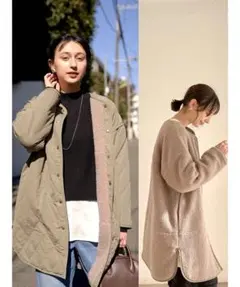 earth キルティング＆ボアリバーシブルノーカラ－コート　カーキ　M