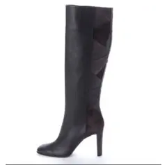 黒レザー ロングブーツ 高ヒール