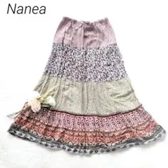 ナネア　パッチワーク柄フレアロングスカート　花柄　ピンク　総柄　ウエストゴム　綿のサムネイル