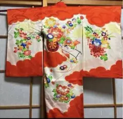 七五三 着物 鳳凰 菊文様 オレンジ色、鳥金刺繍、指差し淡いシミ数カ所