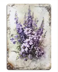 ヴィンテージ風 紫色の花束 ブリキ看板 (訳あり)