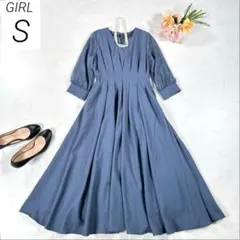 GIRL　コンシャススリーブXラインキーネック ワンピースドレス　ブルー　S